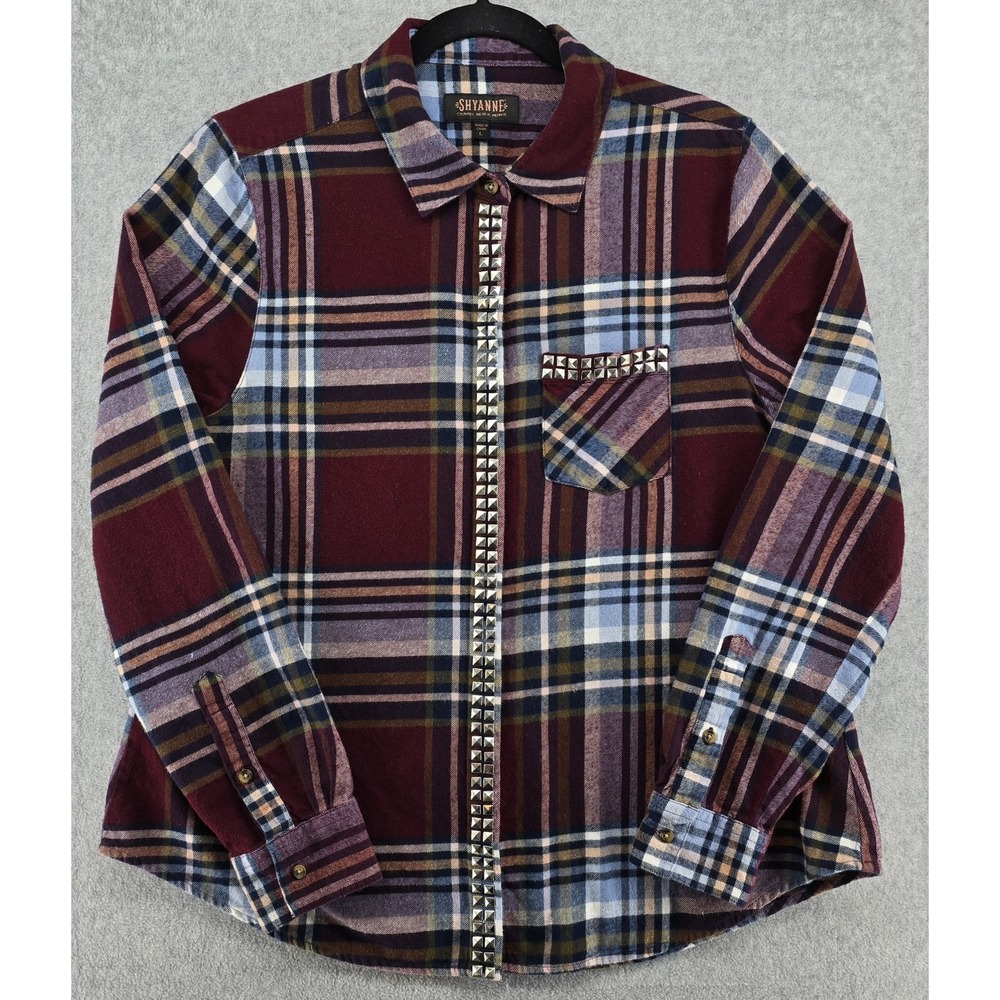 Shyanne Womens L Studded Flannel Shirt Burgundy Plaid Long Sleeve Button Western
